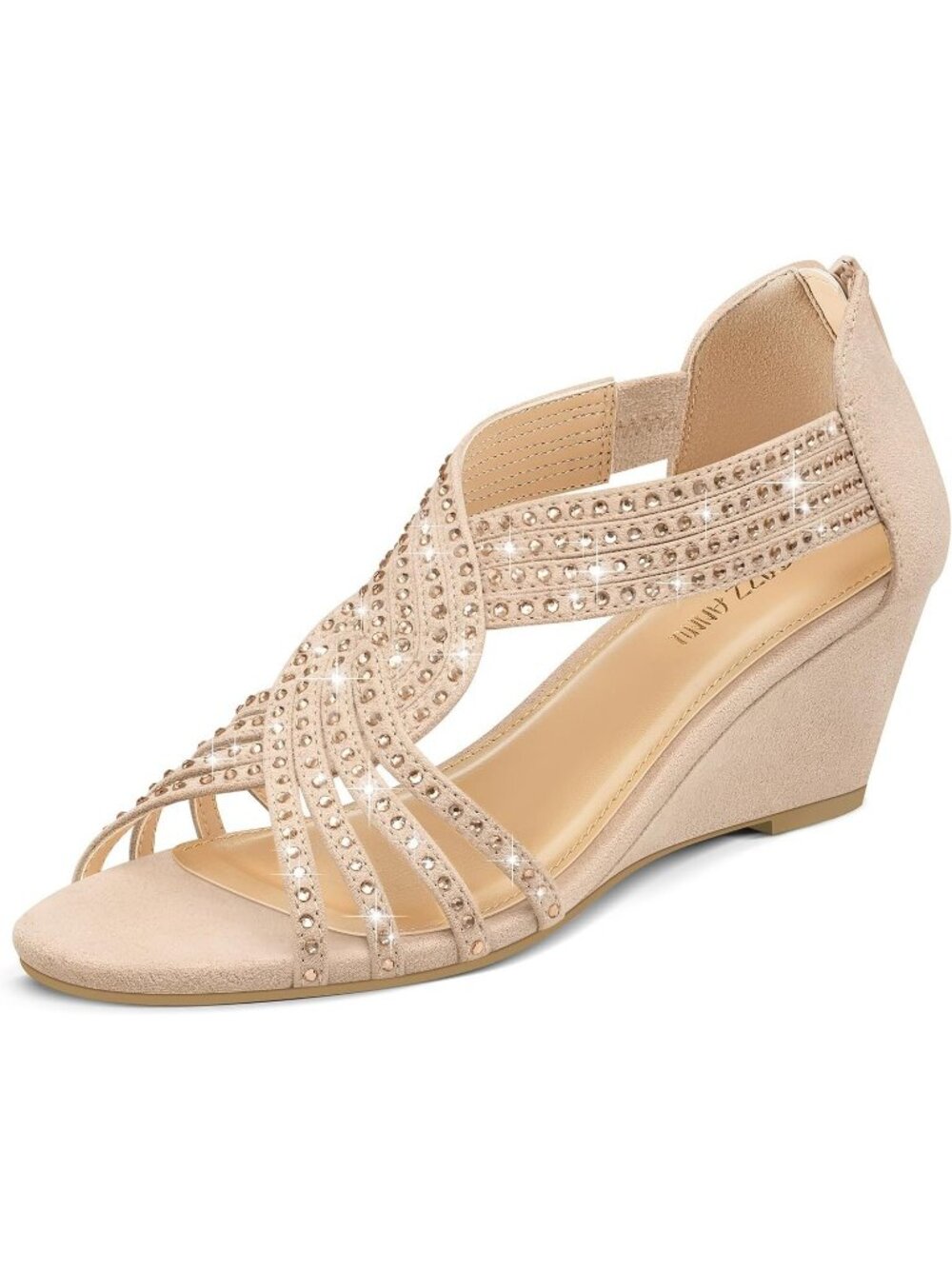 Women's Nude Suede Rhinestone Sparkle Low Wedge Sandals Open Toe Dress Shoes